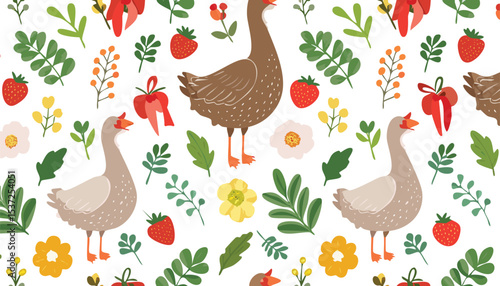 Cute vector seamless pattern with hand drawn flowers, bows, goose, chicken, leaves and herbs, strawberry. Cottagecore style. Spring and summer cozy background.doodle, graphic, meadow, print, tile, 