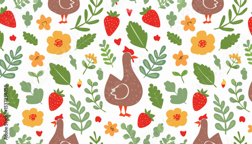 Cute vector seamless pattern with hand drawn flowers, bows, goose, chicken, leaves and herbs, strawberry. Cottagecore style. Spring and summer cozy background.doodle, graphic, meadow, print, tile, 