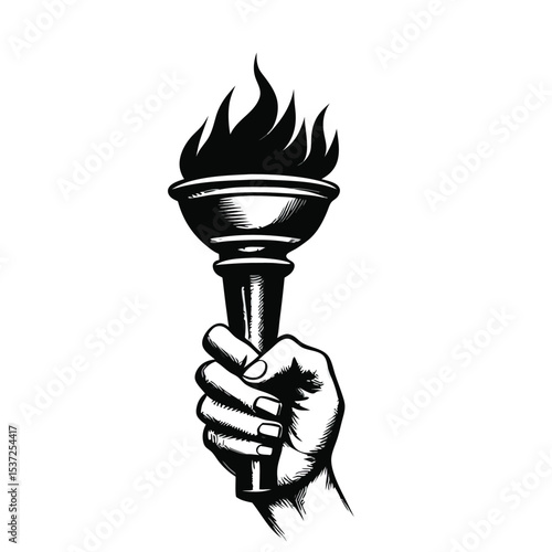 Classic illustration of a hand holding a lit torch symbolic of freedom and enlightenment
