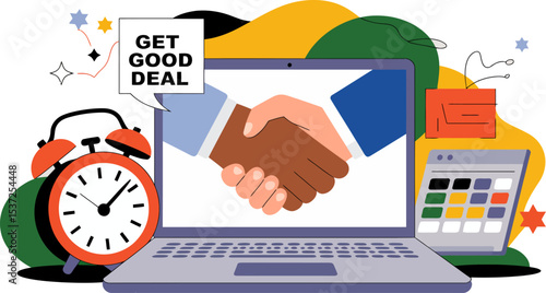 Find the best online deals and discounts get good deal for online shopping and business collaboration editable stock vector illustration