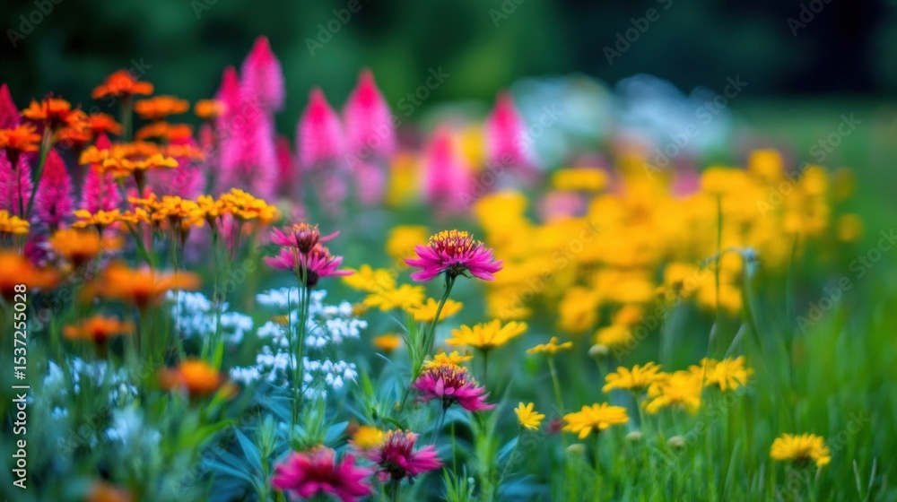 Fototapeta premium Vibrant collection of blooming flowers in a sunny garden setting