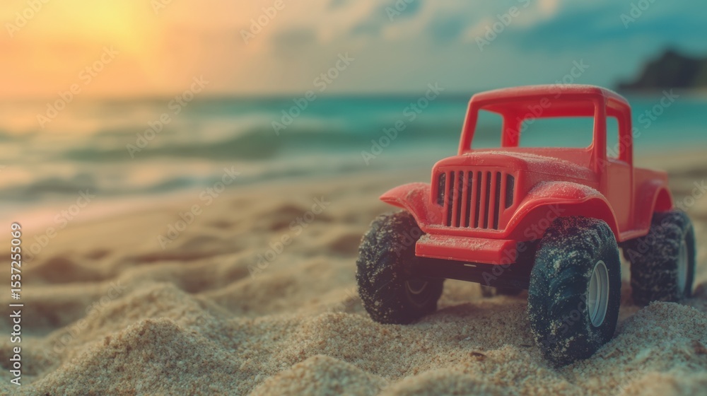 Naklejka premium Colorful toy truck on sandy beach at sunset near ocean waves