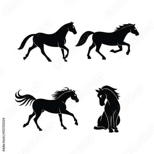 Dynamic Horse Silhouettes: Trotting, Galloping & Sitting Poses Vector Set