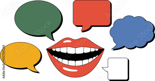 Illustration of communication with speech bubbles and open mouth for social media marketing post editable stock vector illustration