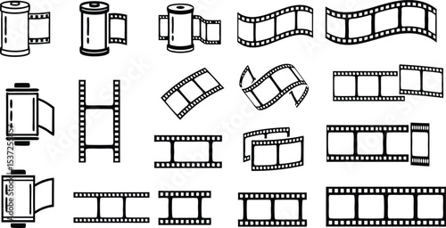 Black and White Film Roll and Strip Icons Set film strip