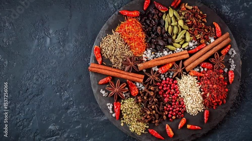 Various indian spices, seeds, herbs on dark stone table. Colorful spices, top view. Organic food, healthy lifestyle, space for text