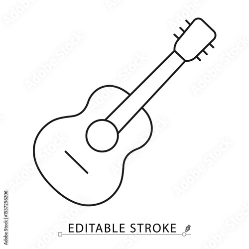 Guitar icon in minimal line style with editable stroke. Acoustic instrument, music symbol, string guitar for performance visuals, entertainment design, creative activity and sound production concept.