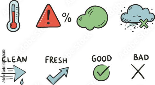 Doodle icon set for air quality monitoring with symbols and indicators