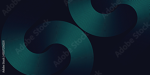 Modern dark blue abstract horizontal banner background with glowing geometric lines. Shiny green diagonal rounded lines pattern.