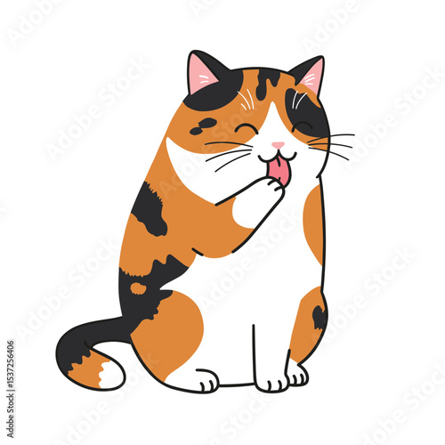 Flat illustration of a chubby calico cat sitting upright licking its paw