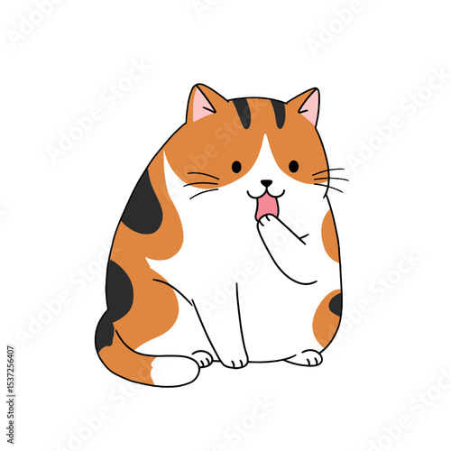 Flat illustration of a chubby calico cat sitting upright licking its paw