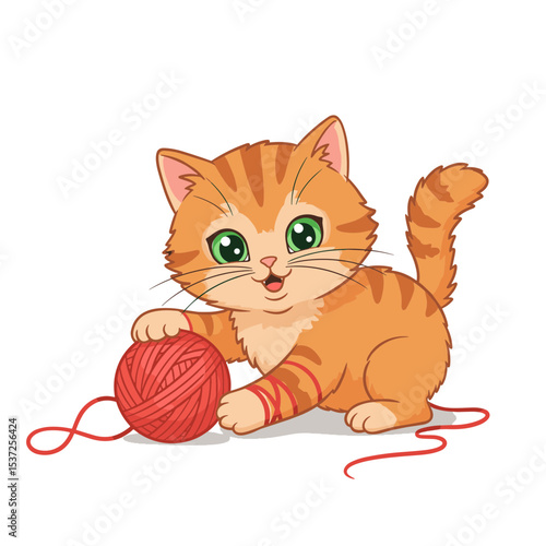 Flat vector of a small kitten playing with a ball of yarn, tangled string around its paws