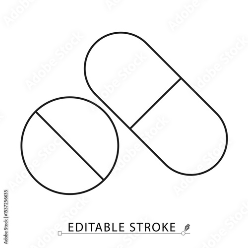 Pills icon in minimal line style with editable stroke. Medical tablet and capsule symbol, pharmaceutical element for healthcare visuals, drug treatment, prescription concept