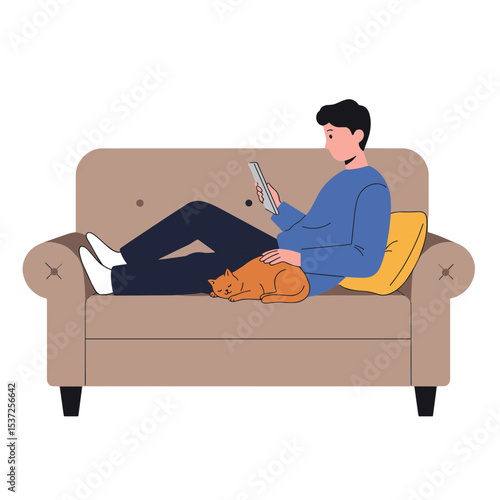 Flat illustration of a young person reclining with a tablet in hand while petting a cat lying across their legs on the sofa