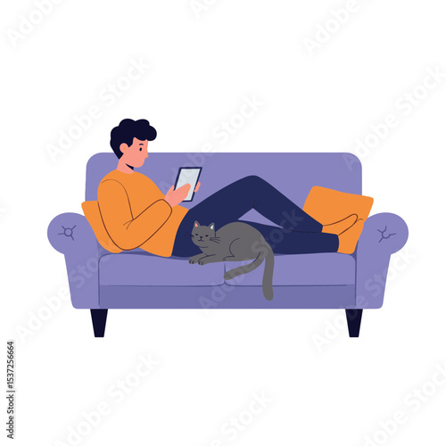 Flat illustration of a young person reclining with a tablet in hand while petting a cat lying across their legs on the sofa