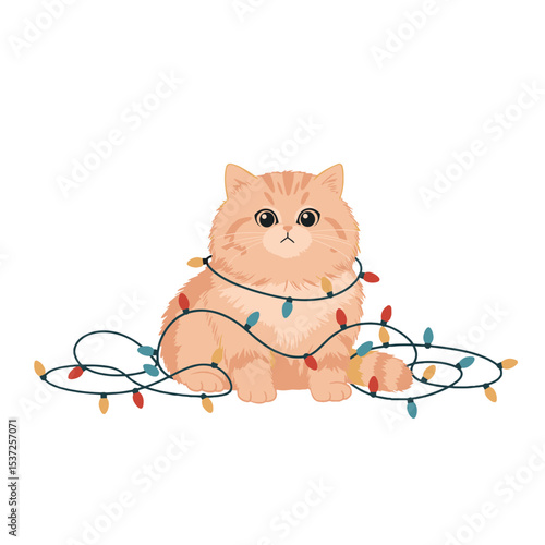 Flat vector of a playful kitten tangled in holiday string lights