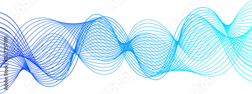 Abstract digital background with smooth, overlapping waveforms made of thin, translucent blue and cyan lines. Lines curve in fluid, harmonic motions with modern, minimalistic, and futuristic visual