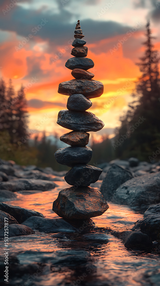 Obraz premium Balanced stack of stones in a calm river with beautiful sunset sky background