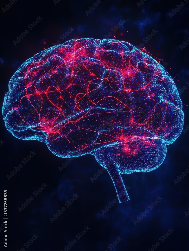 Fototapeta premium glowing, abstract representation of human brain with vibrant red and blue neural connections, symbolizing mental health, intelligence, and cognitive processes