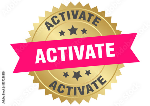 activate. activate round pink and gold label isolated on transparent background