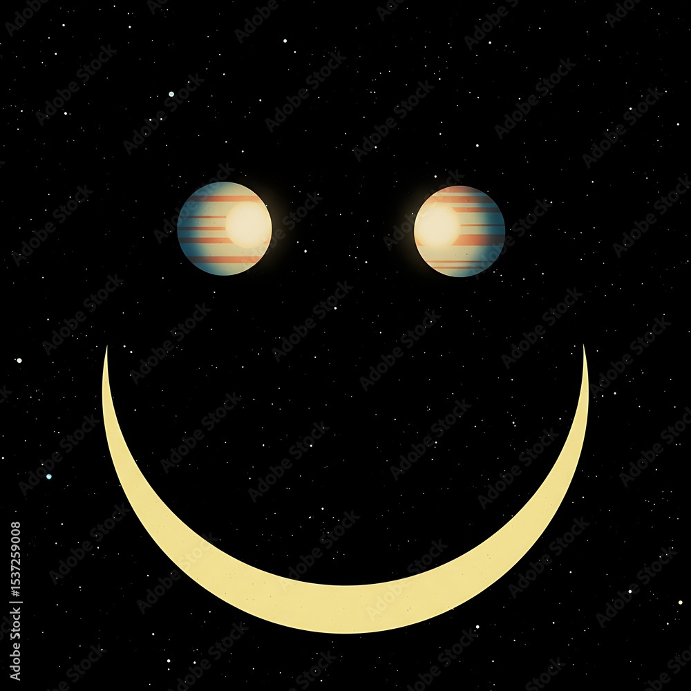 Fototapeta premium Cosmic Smile Face with Planets for Eyes in a Starry Sky