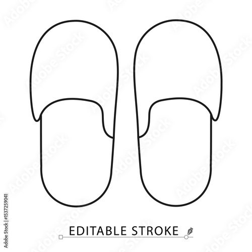 Slippers icon in minimal line style with editable stroke. Home footwear, comfort shoes, indoor slippers symbol for cozy lifestyle, relaxation design, everyday clothing and domestic comfort visuals.