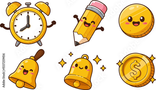 Cute school supplies cartoon vector illustration alarm clock pencil coin bell gold dollar learning design art editable stock vector illustration