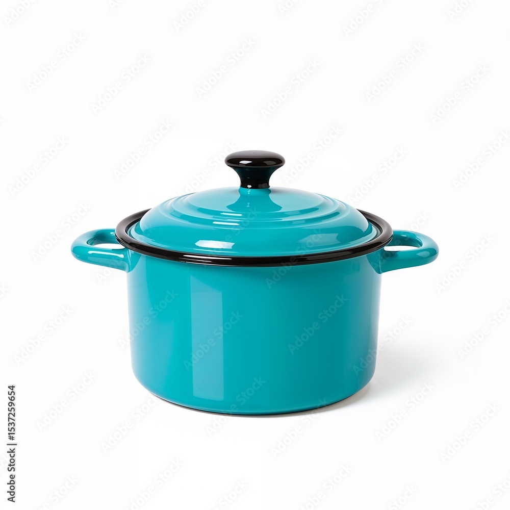 Stylish turquoise cooking pot with black lid on white background Stylish turquoise cooking pot with black lid on white background