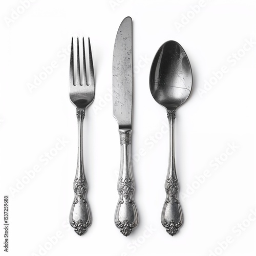 Elegant vintage cutlery set including fork, knife, and spoon on white background