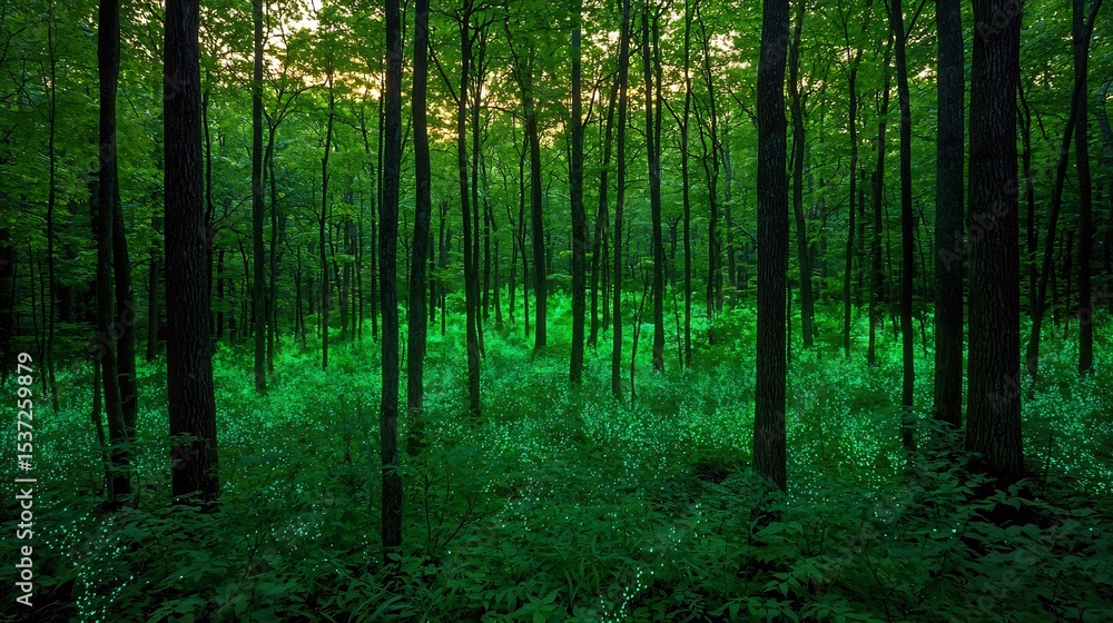 Obraz premium Glowing forest with bioluminescent plants and creatures cinematic magical ecosystem