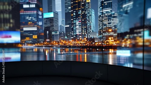 Blurred night cityscape view through modern display screen futuristic architecture