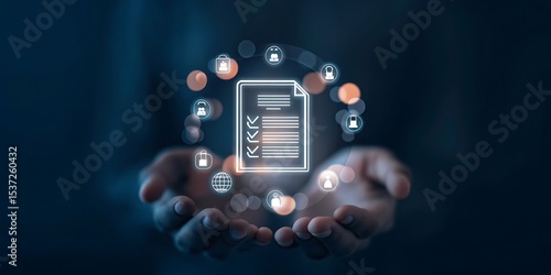 Wallpaper Mural Digital compliance and data security concept with a holographic document surrounded by legal and regulatory icons, protected by hands in a dark background. Smart Torontodigital.ca