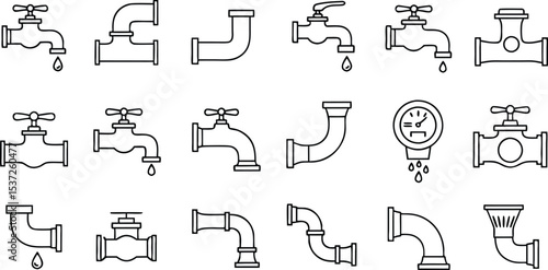Collection of Black and White Plumbing Pipe and Faucet Icons