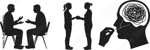 Understanding relationships therapy counseling mental health support and communication silhouette art editable stock vector illustration