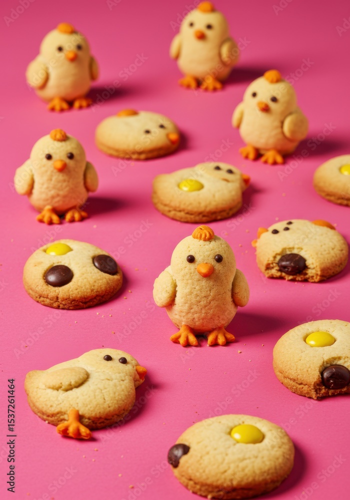 Cute Yellow Chicks and Cookies on Pink Background Cute Yellow Chicks and Cookies on Pink Background