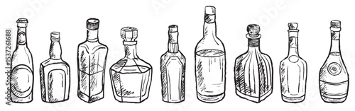 Alcohol drink bottles with brandy, whiskey, rum, gin in black brush stroke texture isolated on white. Hand drawn vector sketch illustration in vintage charcoal ink. Bar menu background, design.