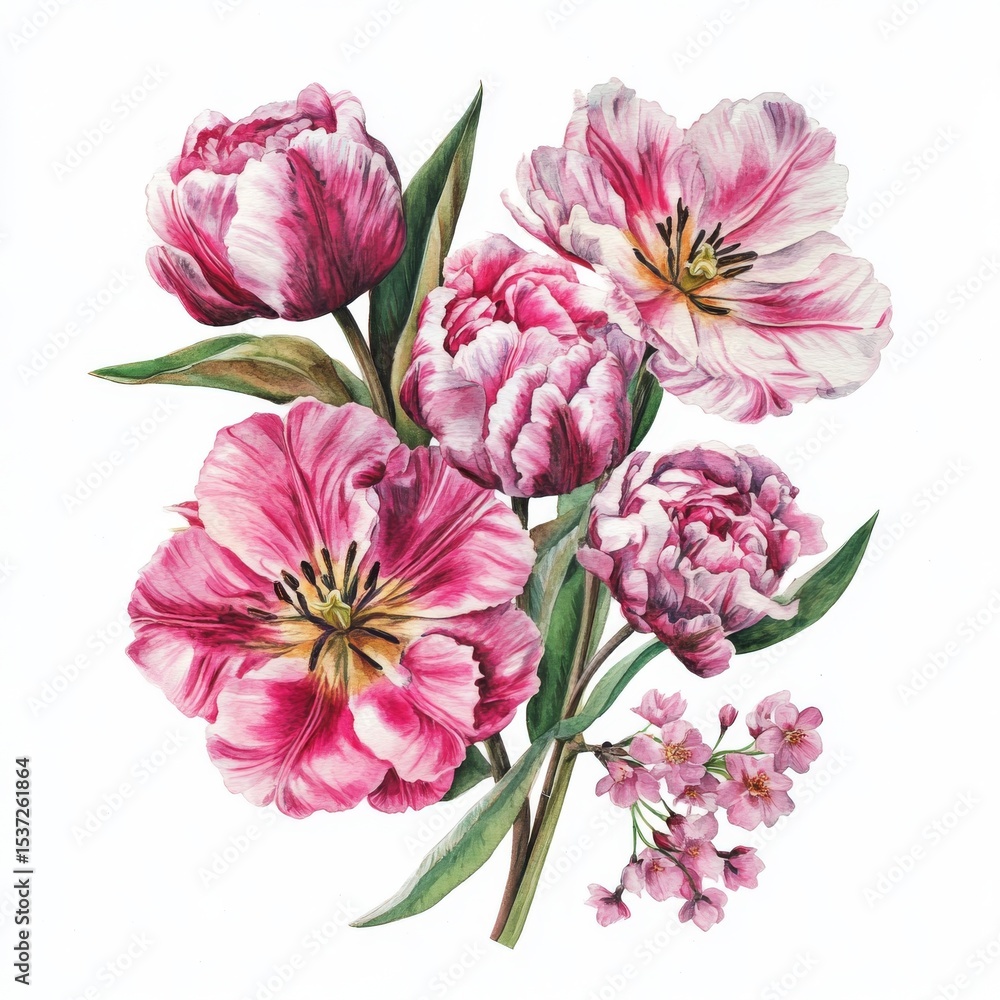 Isolated on white, a stunning watercolor bouquet of red tulips and cherry blossoms makes for a lovely addition to prints and home decor Isolated on white, a stunning watercolor bouquet of red tulips and cherry blossoms makes for a lovely addition to prints and home decor
