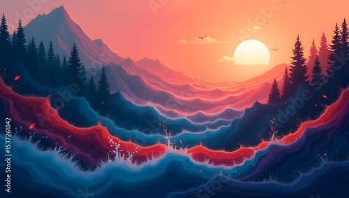 Sunset waves crashing against mountain landscape