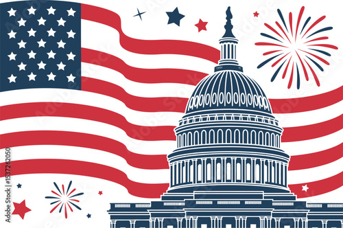 Illustration of the united states capitol building with an american flag and fireworks display