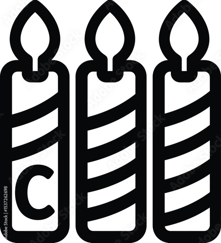 Three candles with black stripes and flames in a row creating a simple graphic illustration style design silhouette