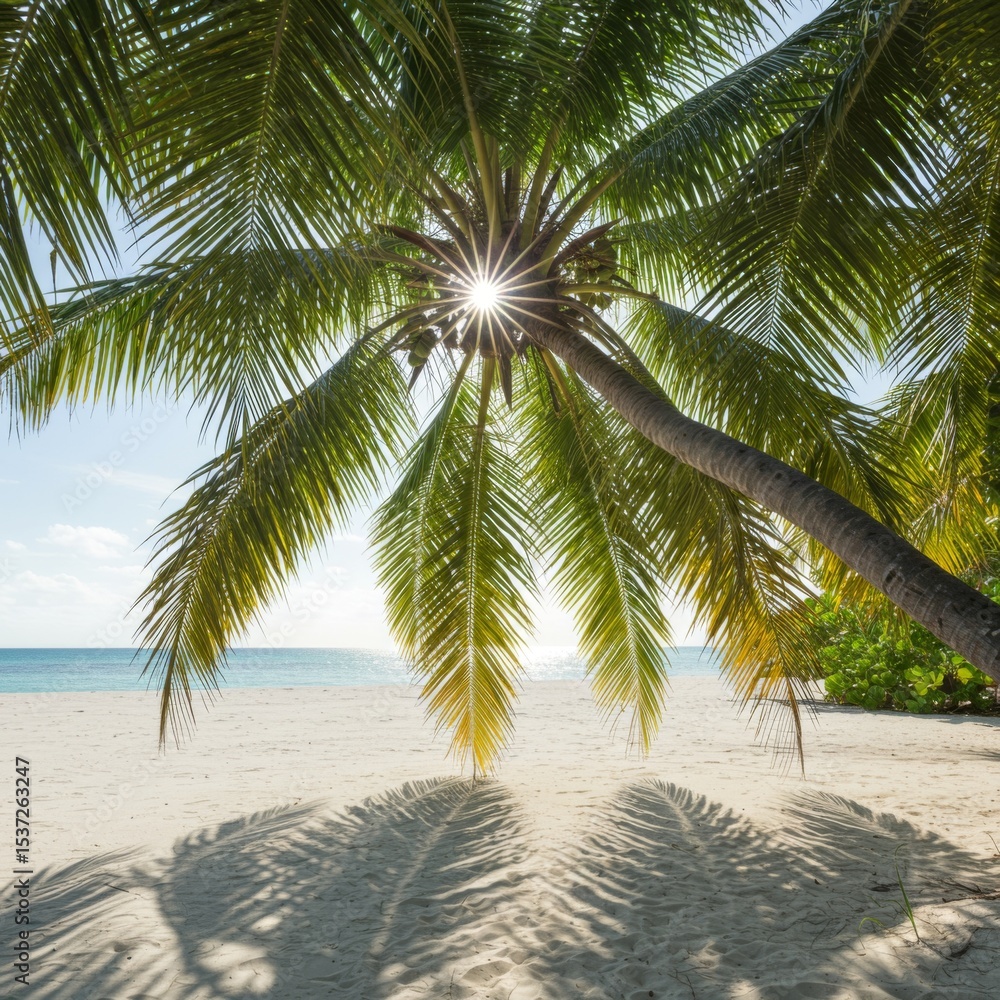 Fototapeta premium Sunlit Palm Tree on a Tropical Beach
