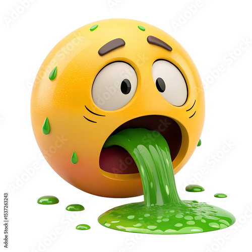 Funny emoticon yellow face illustration shows nauseous facial expression representing sickness and discomfort with black background