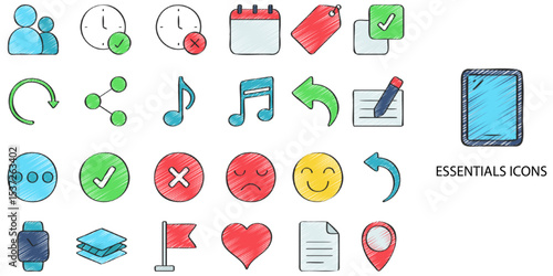 Essentials simple New concept 24 hand drawn color icons set .Vector illustration.	