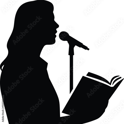 Silhouette of a woman reading from a book while speaking into a microphone on a stand in black and white