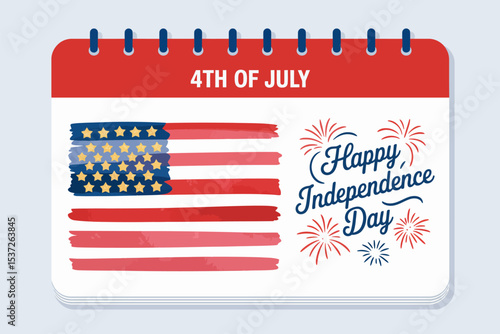 Illustration of a calendar page for the fourth of july with flag and fireworks design