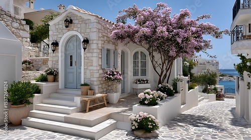 Fototapeta Naklejka Na Ścianę i Meble -  Mediterranean villa entrance with pots and sea view high resolution picture