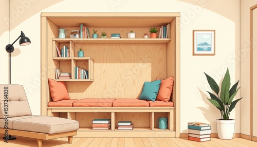 Wallpaper Mural Cozy living room featuring foldable furniture decor ideas, wooden bookshelf, potted plant, warm natural light. Concept of foldable furniture decor ideas enhances interior design. Torontodigital.ca