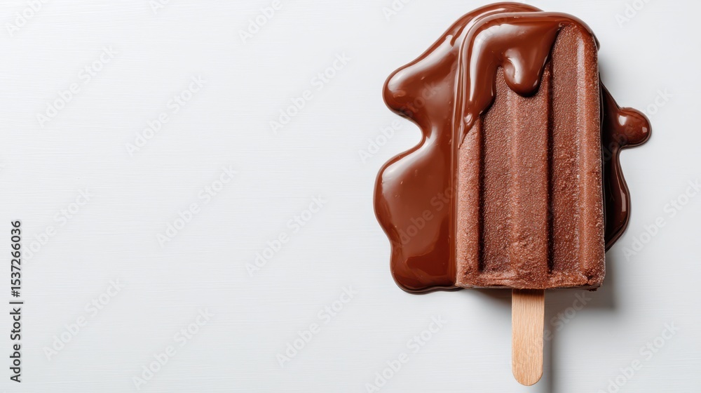 Obraz premium A chocolate ice cream bar rests on a white surface, slowly melting and pooling around it. The warm afternoon sun creates a tempting treat just waiting to be enjoyed
