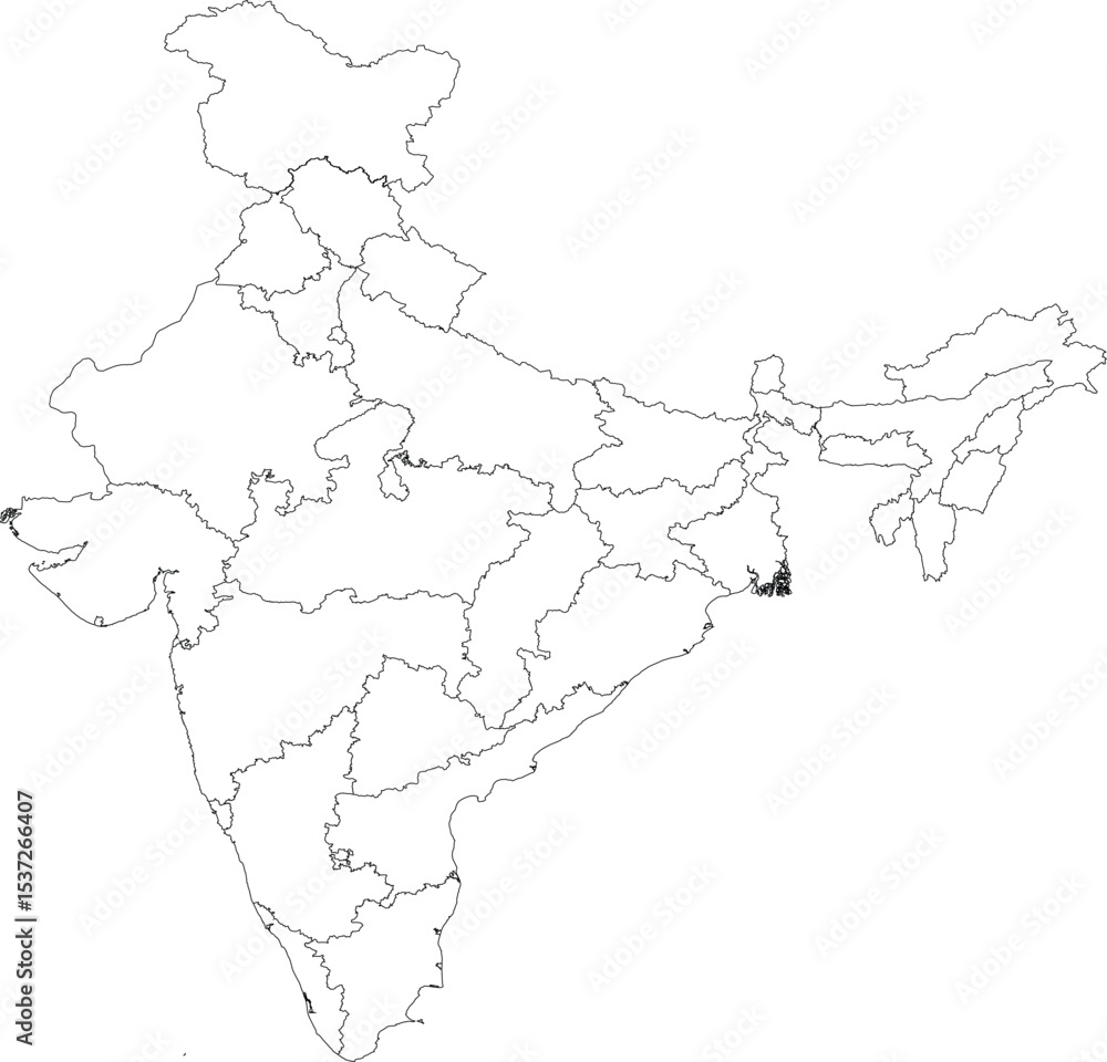 Fototapeta premium Outline of India Map with Administrative Borders and Internal Regions