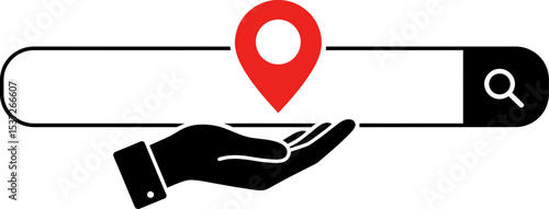 Find location search bar with hand holding map pin for local business seo and gps navigation app design editable stock vector illustration